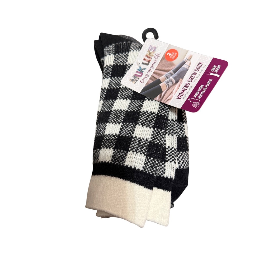 Muk Luks Womens Crew Sock 2 Pair Pack Black White Buffalo Plaid Recycled Plastic